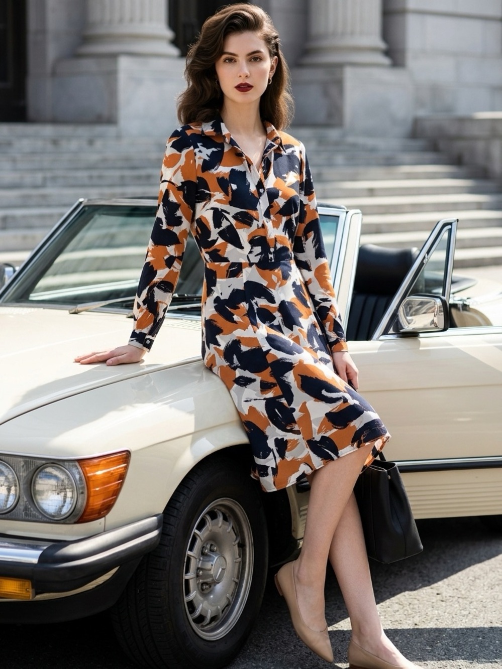 Banana Republic Long Sleeve Abstract Print Dress in Black, White & Brown nwot